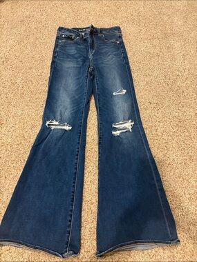 American Eagle Outfitters Dark Blue Distressed Flare Jeans